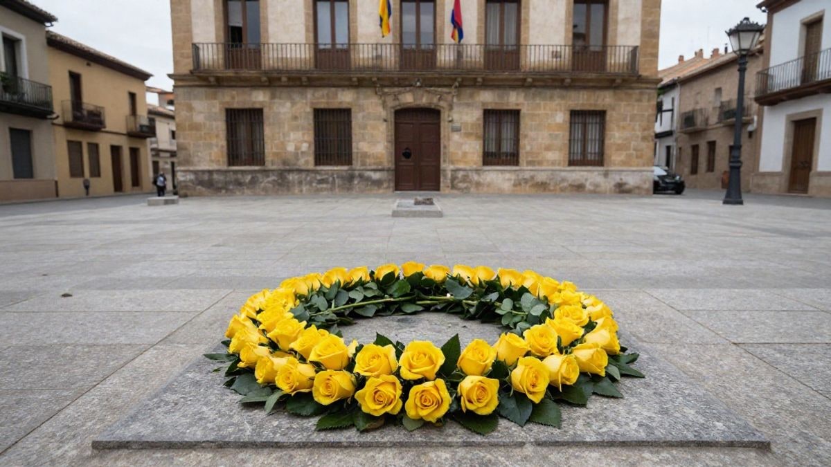 Imagen ilustrativa: corona de rosas amarillas sobre una placa conmemorativa en una plaza, con fondo de edificio municipal.