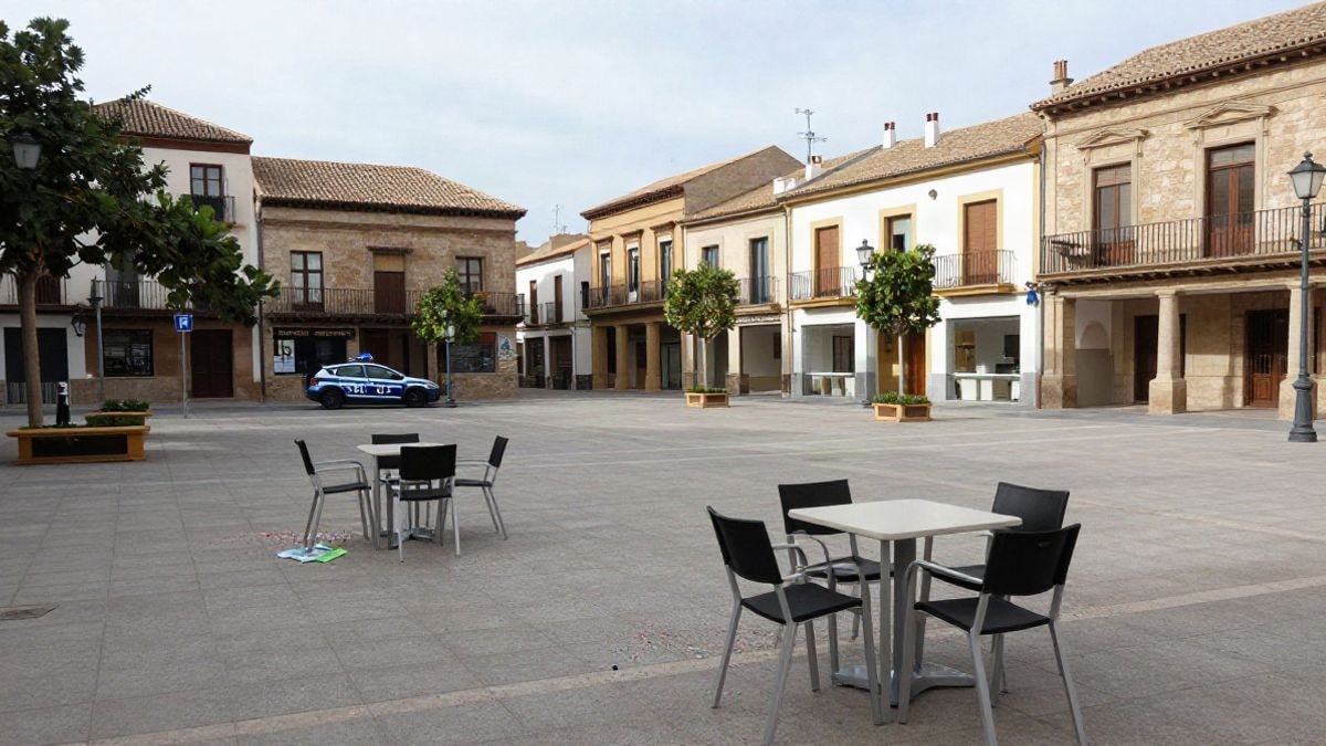 Imagen ilustrativa: plaza de un pueblo catalán con restos de una fiesta y un coche de policía al fondo