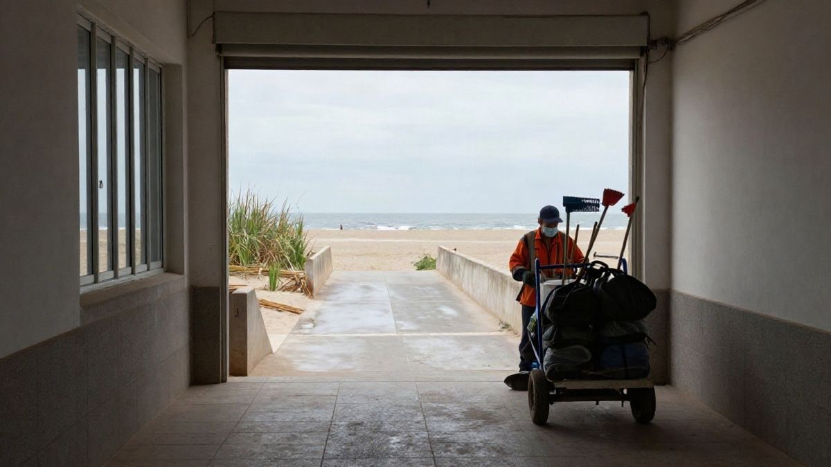 Imagen ilustrativa: carro de limpieza con rastrillos y bolsas junto a un acceso de playa, con arena húmeda y cañas al fondo