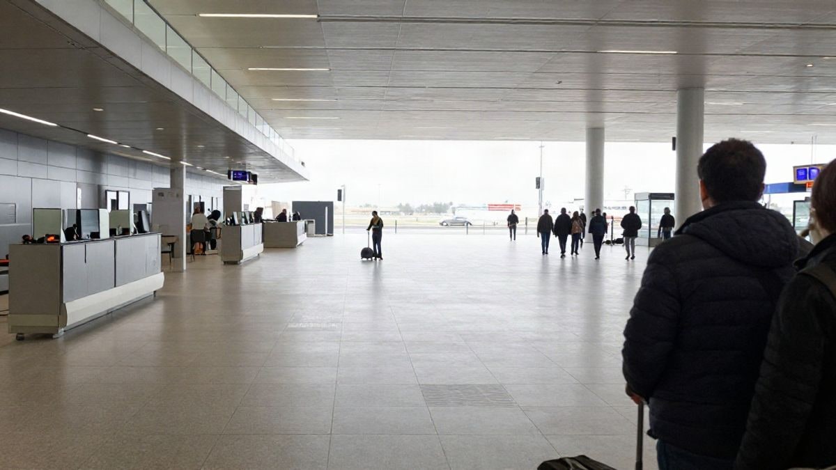 Imagen ilustrativa: vestíbulo de aeropuerto vacío con mostradores y luz natural