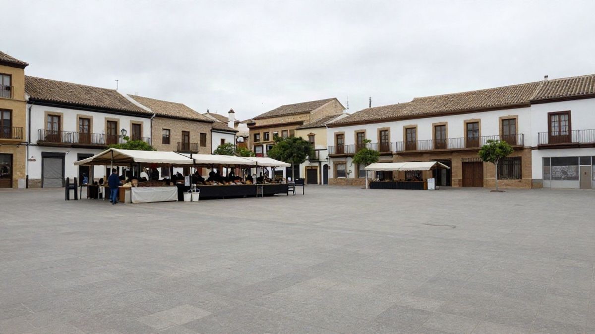 Imagen ilustrativa: plaza pública con un puesto de mercado al fondo en un día nublado