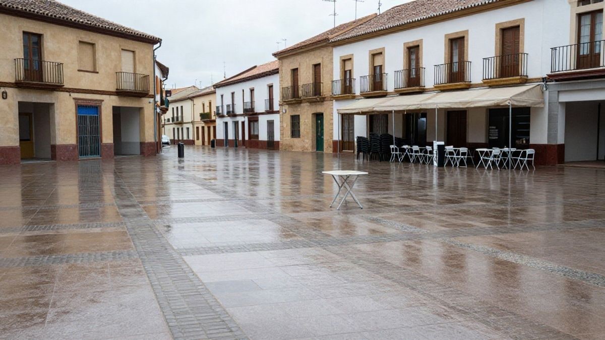 Imagen ilustrativa: plaza vacía de un municipio español bajo la lluvia, con mesas y sillas plegadas bajo un toldo
