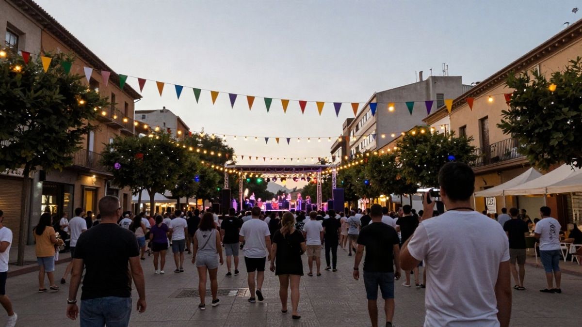 Imagen ilustrativa: una plaza de un pueblo español engalanada con luces y banderines durante una fiesta popular, con gente de espaldas y un escenario al fondo.