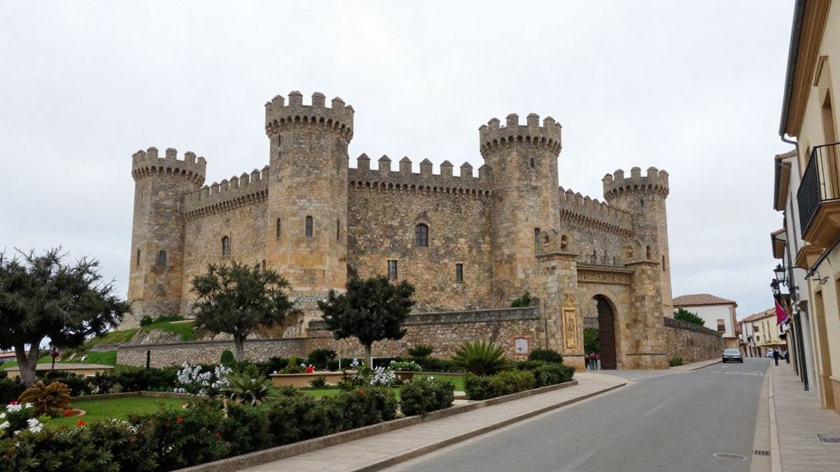 Imagen ilustrativa: un castillo de piedra medieval en una colina con jardines alrededor, visto desde una calle en un día nublado.
