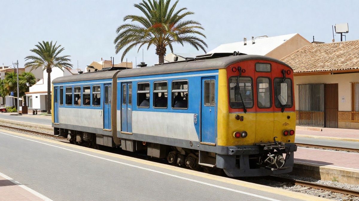 Imagen ilustrativa: un pequeño tren turístico de colores estacionado en una calle soleada de una localidad costera con palmeras.