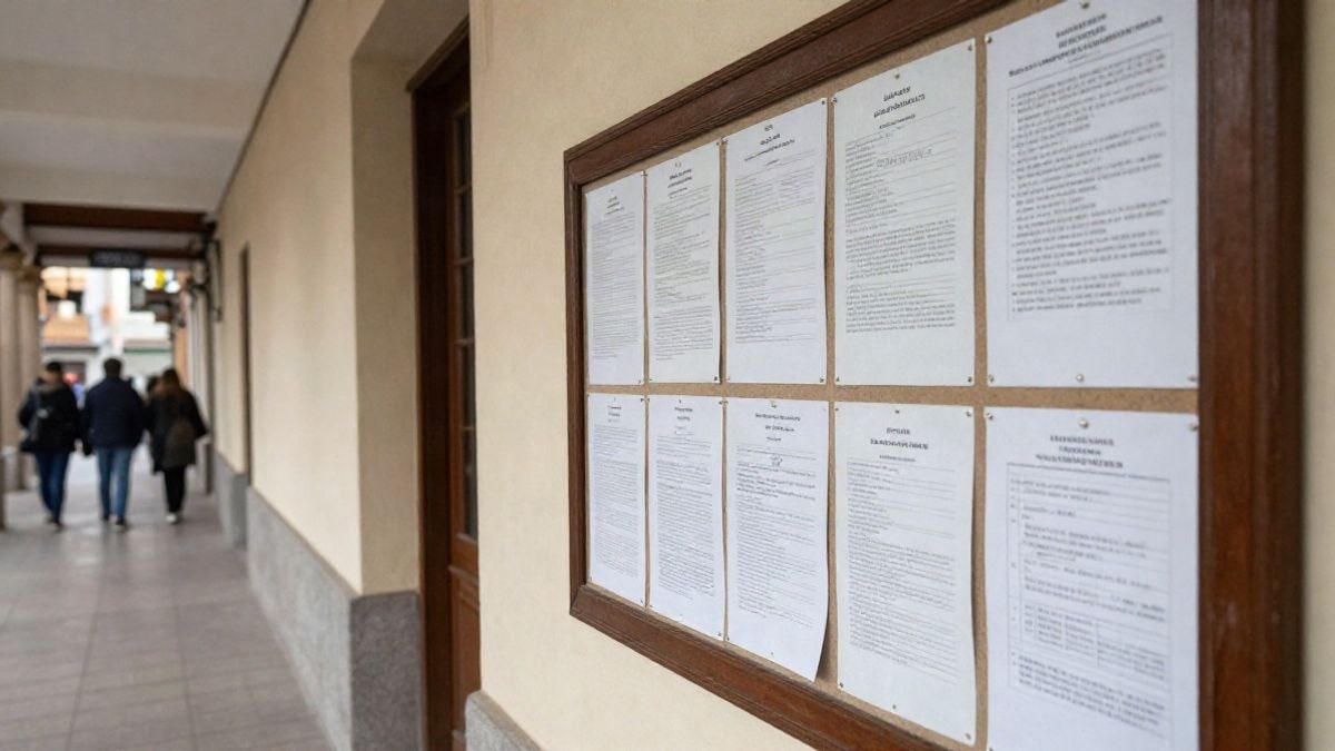 Imagen ilustrativa: tablón de anuncios municipal con documentos oficiales en un pasillo de un edificio público