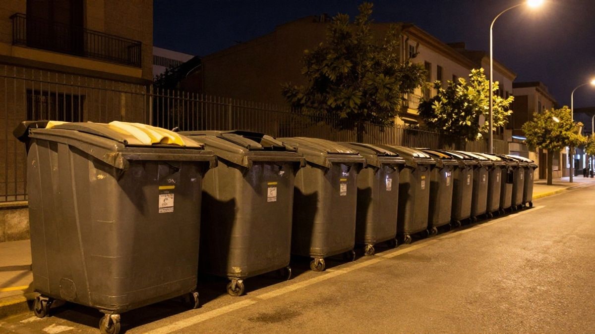 Imagen ilustrativa: contenedores de residuos en una calle de noche bajo luz artificial