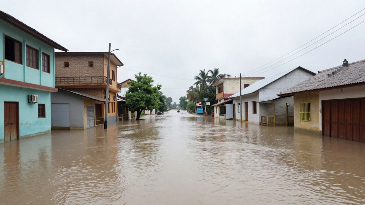 Imagen ilustrativa: una calle inundada en un pueblo genérico del sur de Asia, con agua cubriendo la carretera y edificios parcialmente sumergidos.