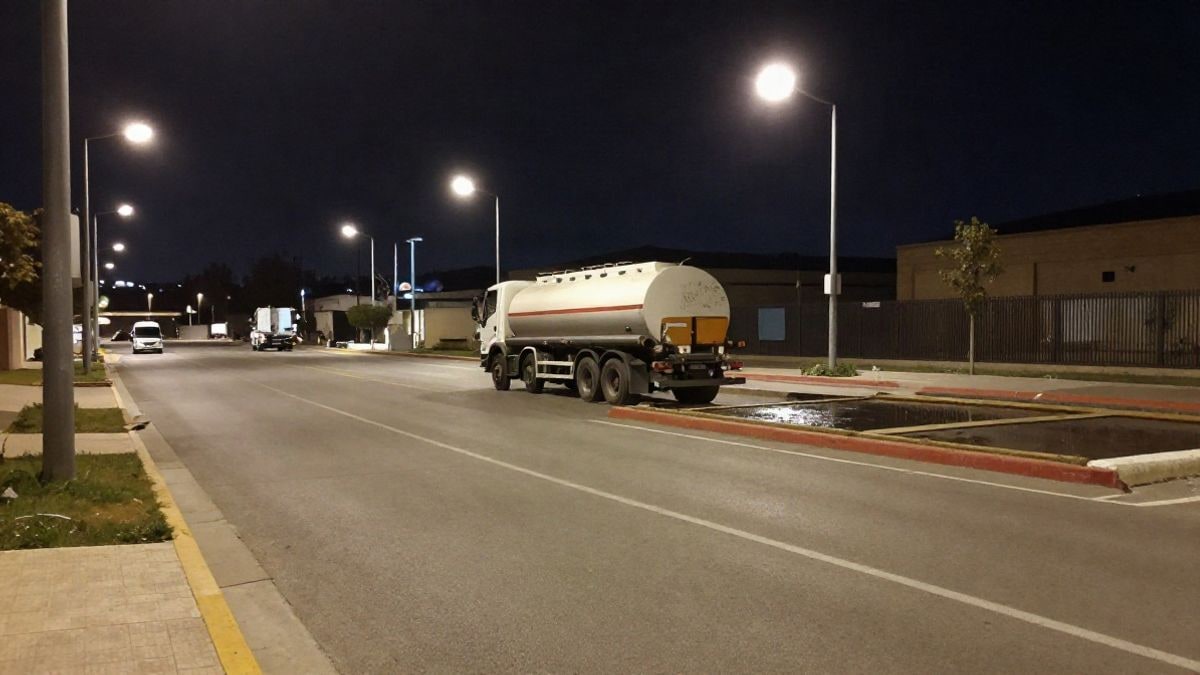 Imagen ilustrativa: calle de polígono industrial de noche con camión cisterna y barreras de contención