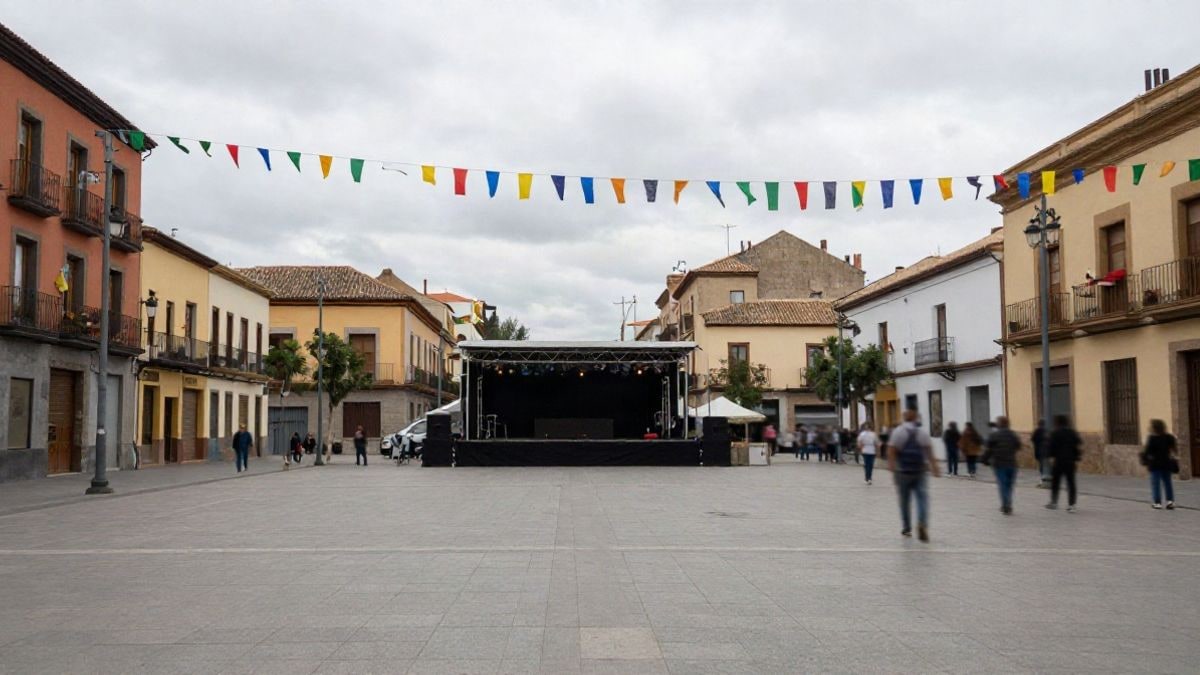 Imagen ilustrativa: una plaza urbana con un escenario pequeño al fondo y banderines de colores, sin personas reconocibles