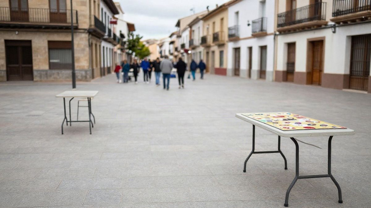 Imagen ilustrativa: plaza de pueblo con mesas y juegos de mesa al aire libre, sin personas identificables
