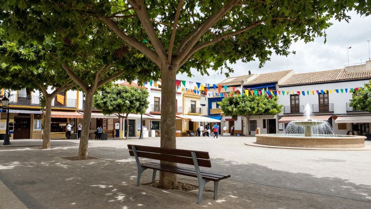 Imagen ilustrativa: banco de parque a la sombra de un árbol con guirnaldas festivas al fondo en un día de verano.