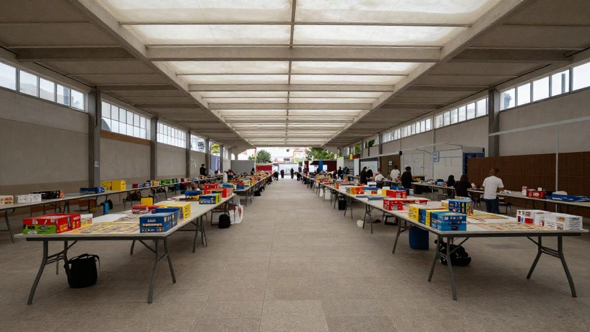 Imagen ilustrativa: gran angular de un pabellón ferial vacío con mesas y juegos de mesa preparados para una feria