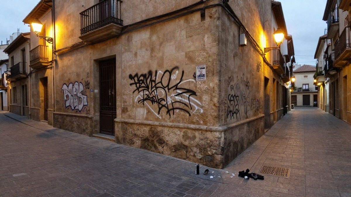 Imagen ilustrativa: callejón nocturno de casco antiguo con una fachada de piedra pintada y un espray en el suelo