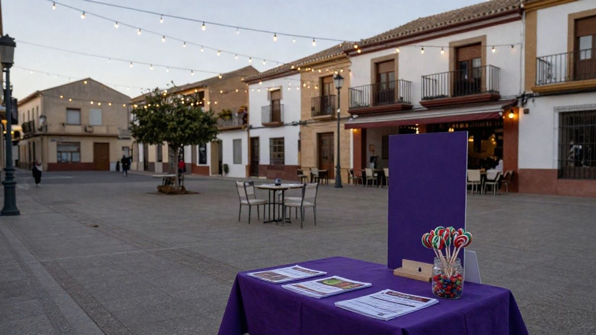 Imagen ilustrativa: un punto lila con mesa y folletos en una plaza de un pueblo español durante unas fiestas, con luces decorativas de fondo.