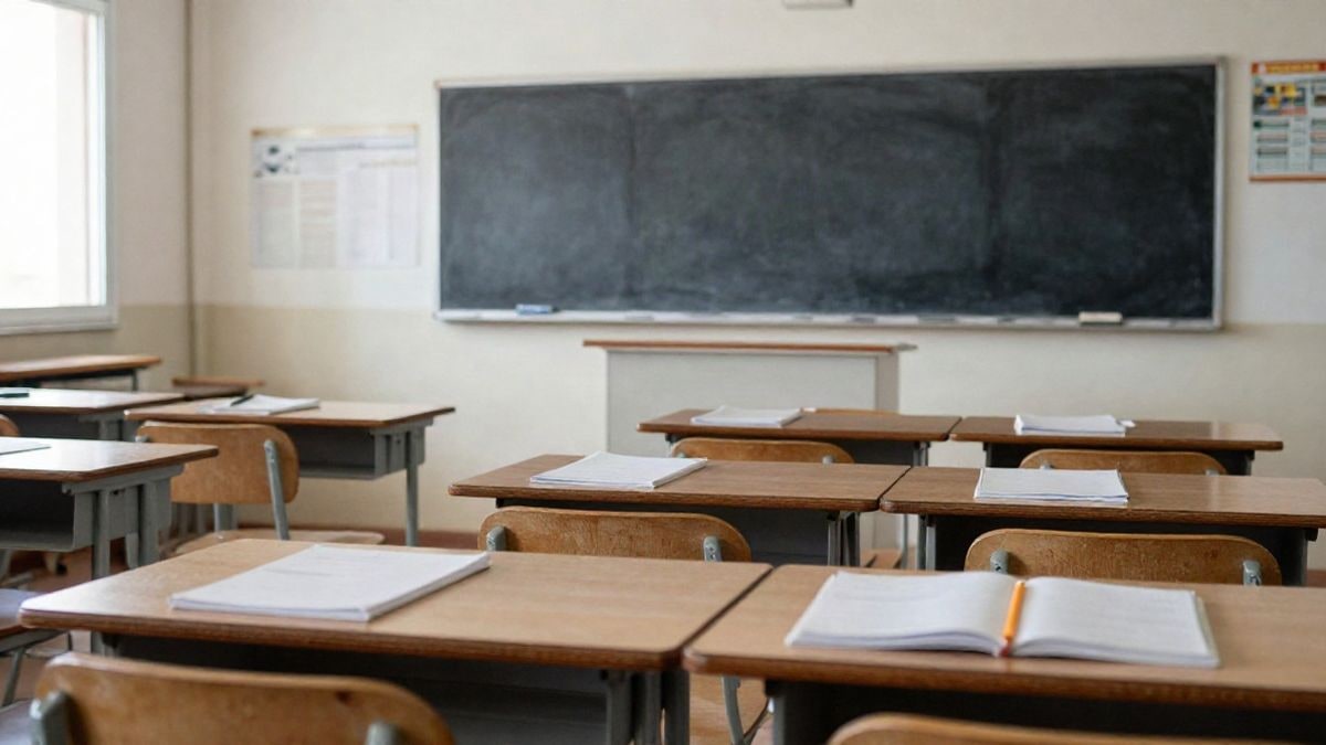 Imagen ilustrativa: un aula escolar vacía con pupitres y pizarra, sin personas
