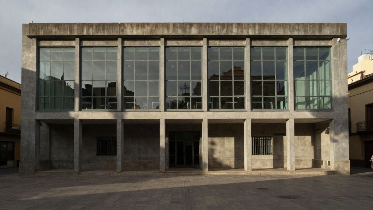 Imagen ilustrativa: contraluz al atardecer en un patio de museo de arte contemporáneo con sombras largas