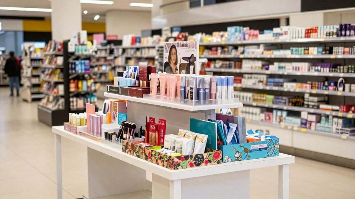 Imagen ilustrativa: vista cenital de una mesa con productos de cosmética y un calendario de adviento decorativo en un centro comercial