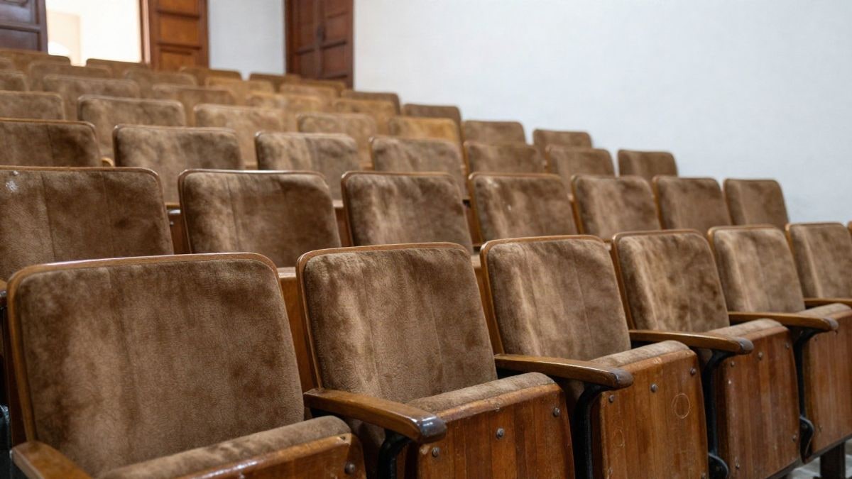 Imagen ilustrativa: detalle de butacas de madera gastada en filas vacías de un teatro comunitario