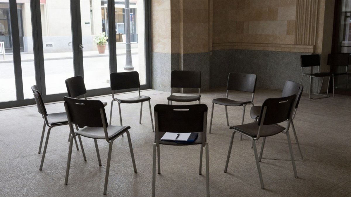 Imagen ilustrativa: sala de un centro cívico con sillas dispuestas en círculo y un cuaderno sobre una de ellas