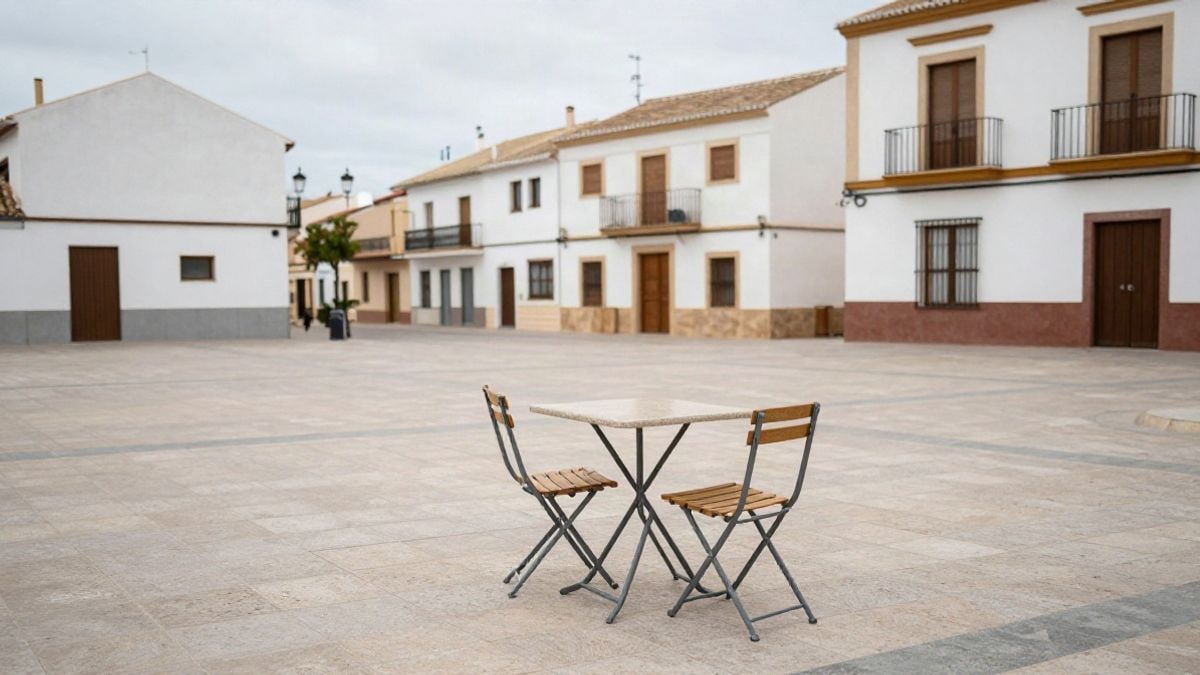 Imagen ilustrativa: mesa informativa en una plaza empedrada de un municipio costero