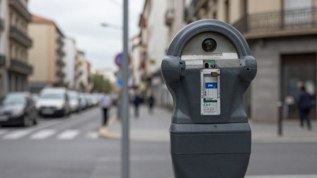 Imagen ilustrativa: detalle de un parquímetro o señal de tráfico en una calle urbana española