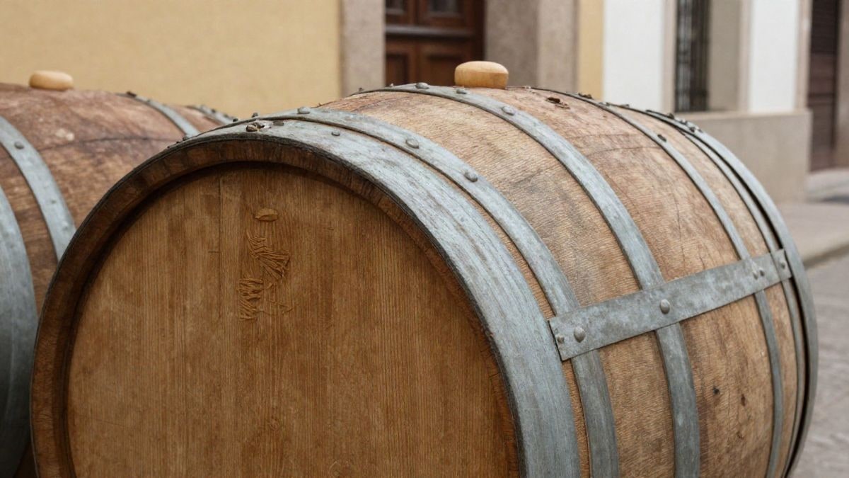Imagen ilustrativa: detalle de la textura de madera de una barrica de vino con aros metálicos