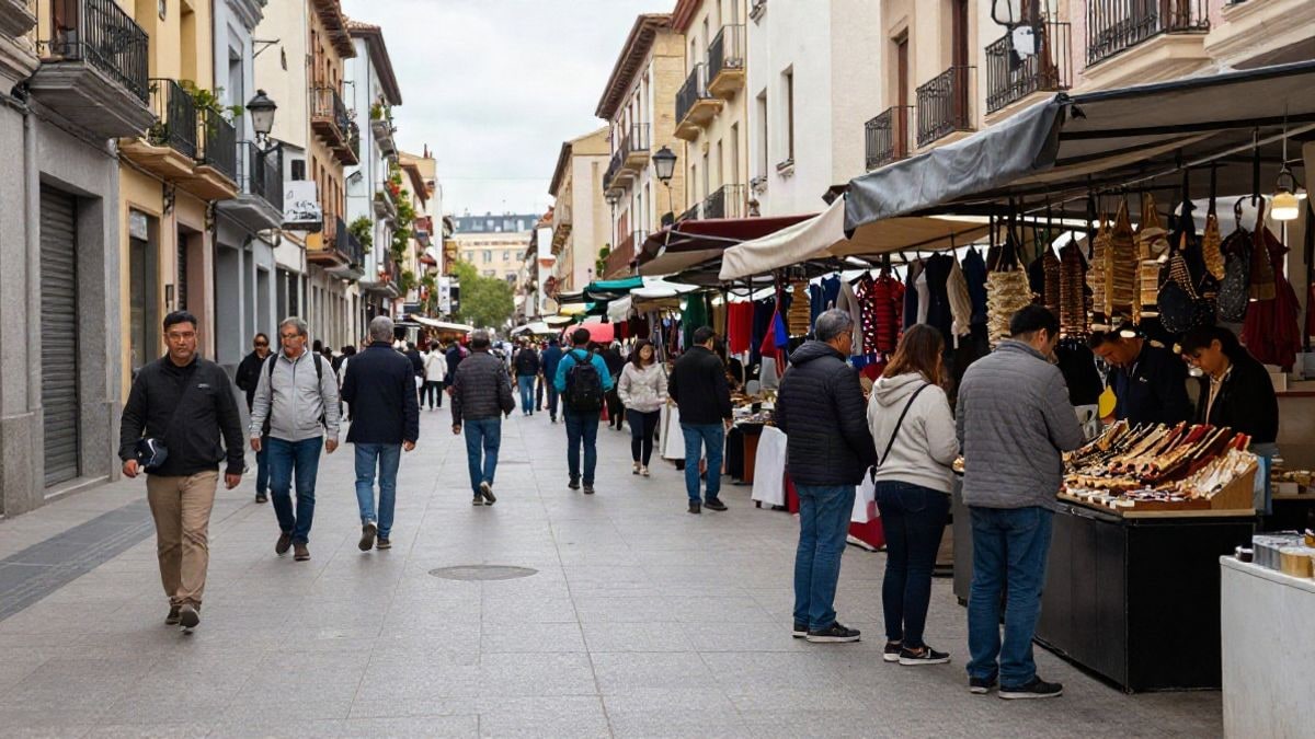 Imagen ilustrativa: calle comercial de Barcelona con turistas asiáticos de espaldas, sin rostros reconocibles, en un día nublado.