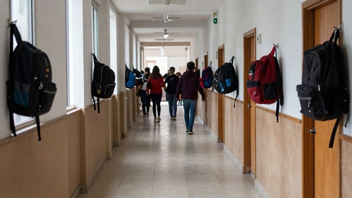 Imagen ilustrativa: pasillo de un colegio español con dibujos infantiles en las paredes y mochilas colgadas, iluminado por luz natural de ventana lateral.