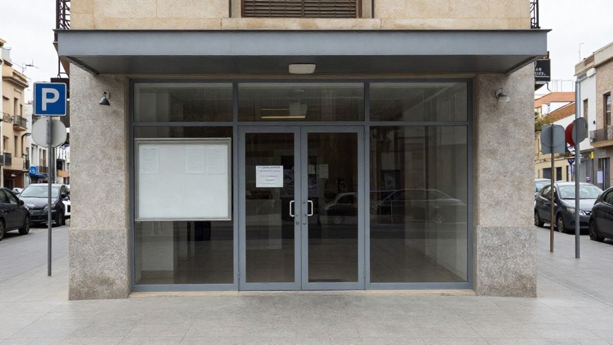 Imagen ilustrativa: entrada de un auditorio municipal con tablón de anuncios y puertas de cristal en una calle corriente