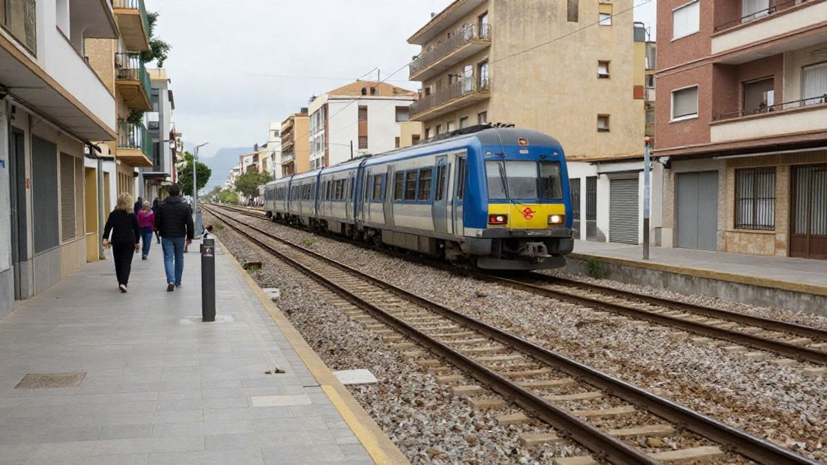 Imagen ilustrativa: un tren de cercanías parado en unas vías urbanas junto a edificios de viviendas en un día nublado.