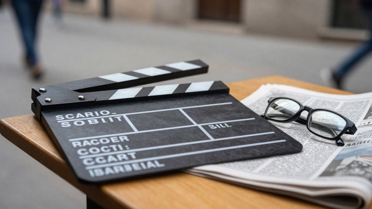 Imagen ilustrativa: detalle de una claqueta de cine sobre una mesa de madera junto a un periódico doblado
