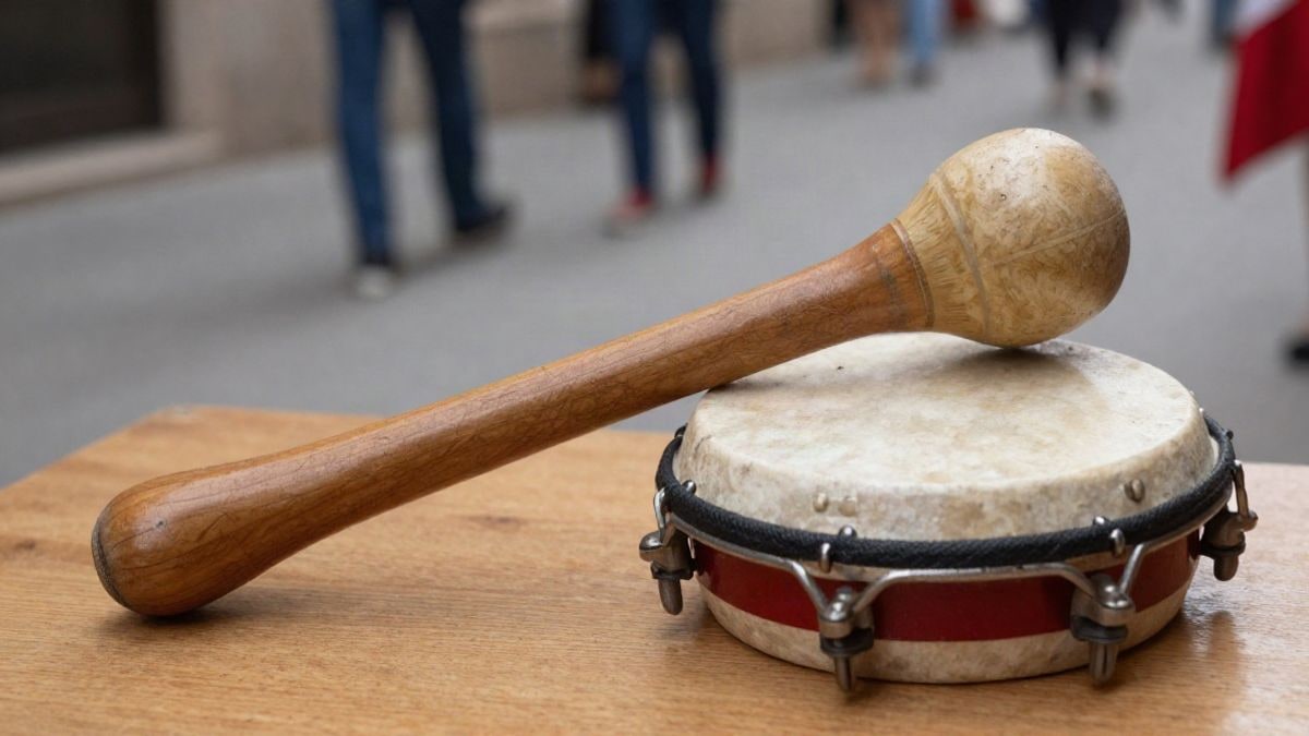 Imagen ilustrativa: primer plano de un tambor y una baqueta de percusión sobre una mesa de madera