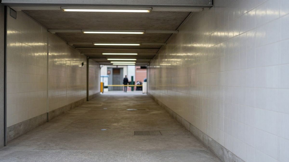 Imagen ilustrativa: un paso subterráneo peatonal vacío bajo una estación de tren, con paredes alicatadas y luces en el techo
