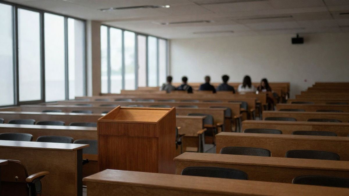 Imagen ilustrativa: aula universitaria vacía con luz lateral de ventana y atril de madera al fondo
