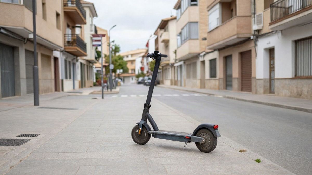 Imagen ilustrativa: un patinete eléctrico aparcado en una acera de una calle residencial