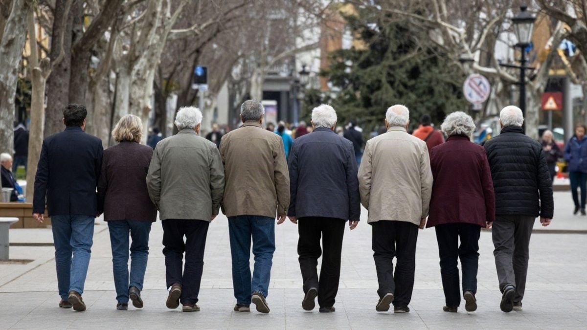 Imagen ilustrativa: grupo de personas mayores caminando en un parque, vistas de espaldas