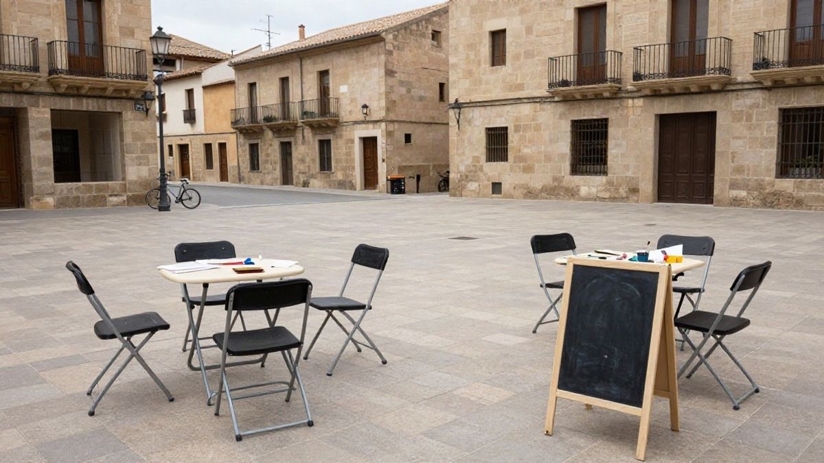 Imagen ilustrativa: plaza pública con sillas plegables y mesas preparadas para un taller comunitario en una ciudad catalana