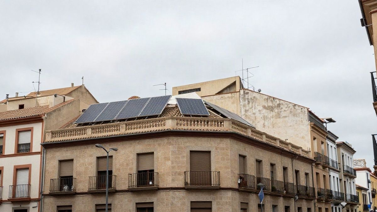 Imagen ilustrativa: azotea de un edificio urbano con placas solares vistas desde la calle