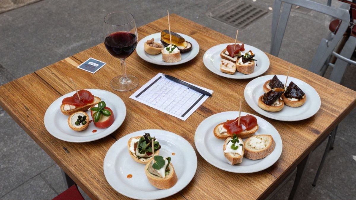 Imagen ilustrativa: vista cenital de una mesa con varios pintxos y tapas sobre platos pequeños