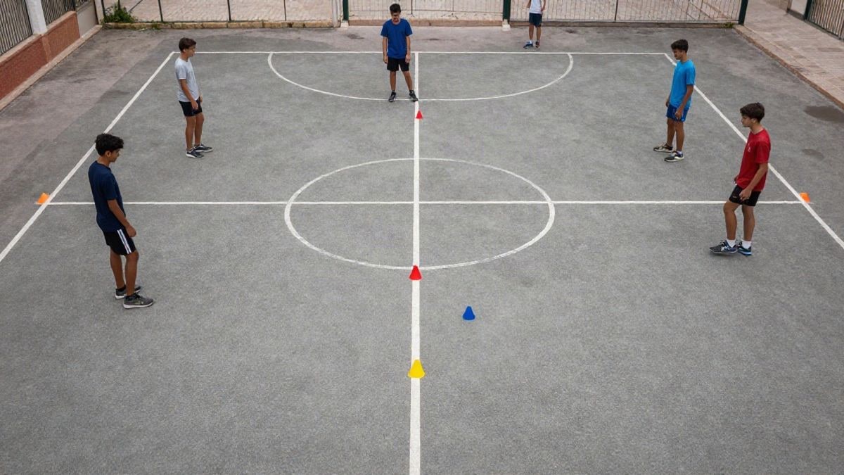 Imagen ilustrativa: vista cenital de una pista deportiva al aire libre con conos y un balón en el suelo