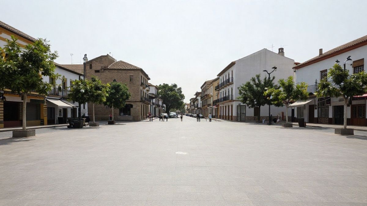 Imagen ilustrativa: plaza con árboles y fuente en un día caluroso