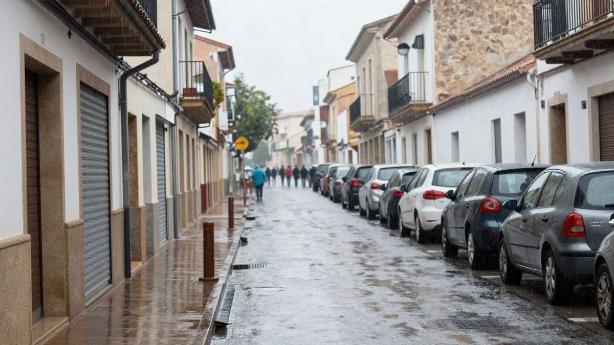 Imagen ilustrativa: calle residencial bajo la lluvia con agua corriendo por el bordillo