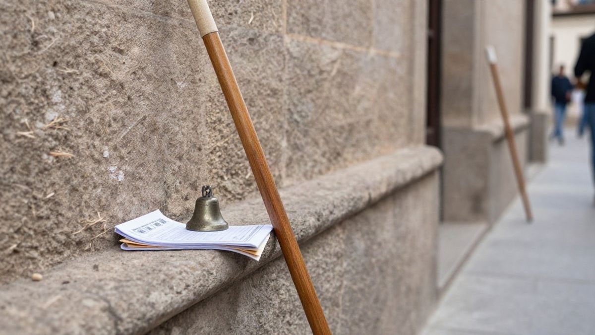 Imagen ilustrativa: detalle de un bastón de madera apoyado en una pared de piedra con un papel doblado y una campanilla