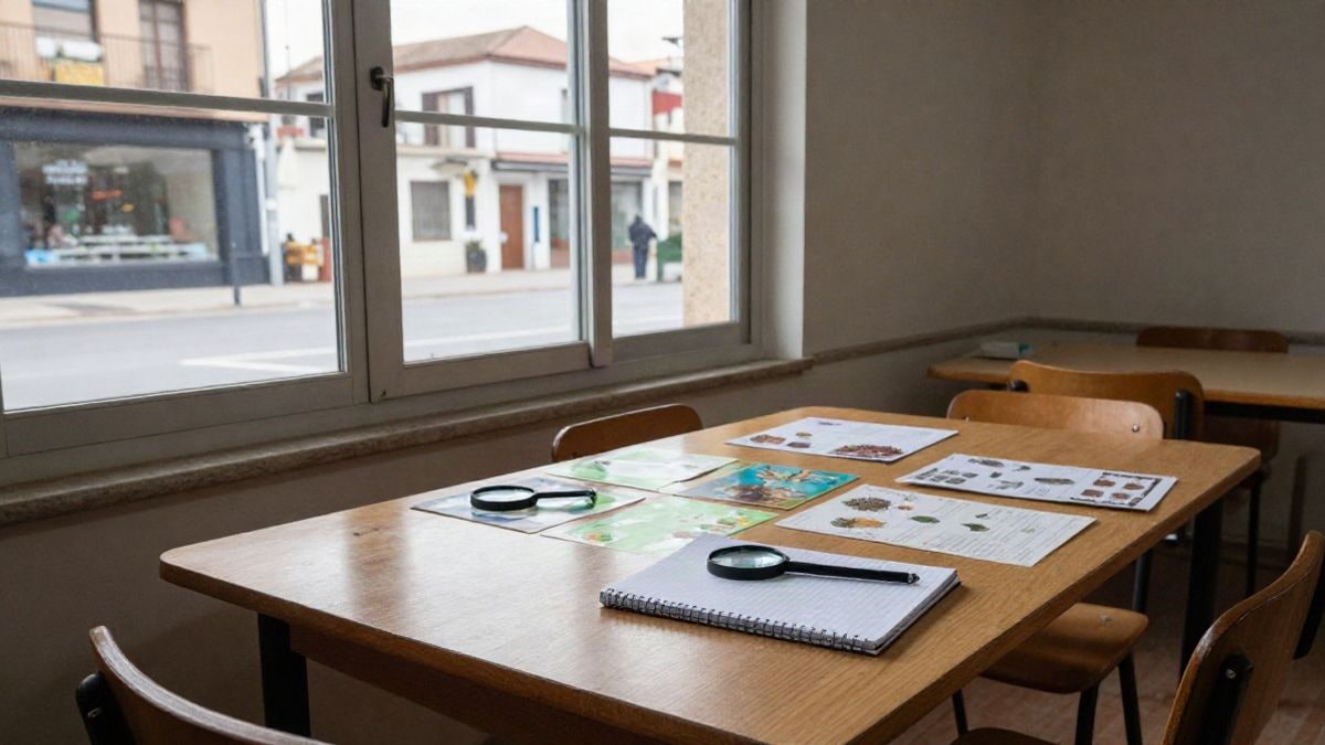 Imagen ilustrativa: mesa de madera junto a una ventana con materiales de educación ambiental