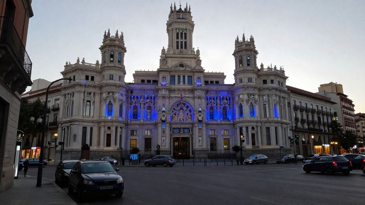 Imagen ilustrativa: fachada de un edificio institucional iluminada de azul al anochecer