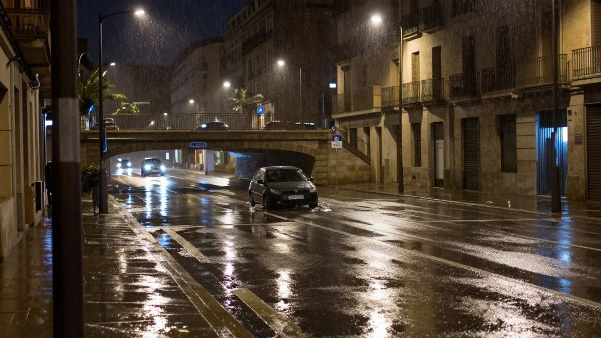 Imagen ilustrativa: calle inundada de noche con un coche atrapado bajo un paso inferior