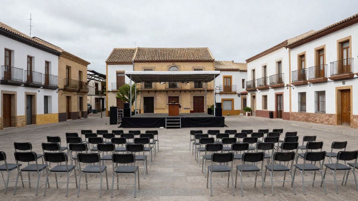 Imagen ilustrativa: plaza de un municipio español con sillas vacías y un pequeño escenario para un acto festivo