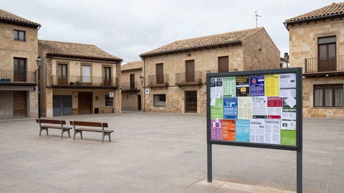 Imagen ilustrativa: tablón de anuncios municipal en una plaza con folletos y bancos vacíos