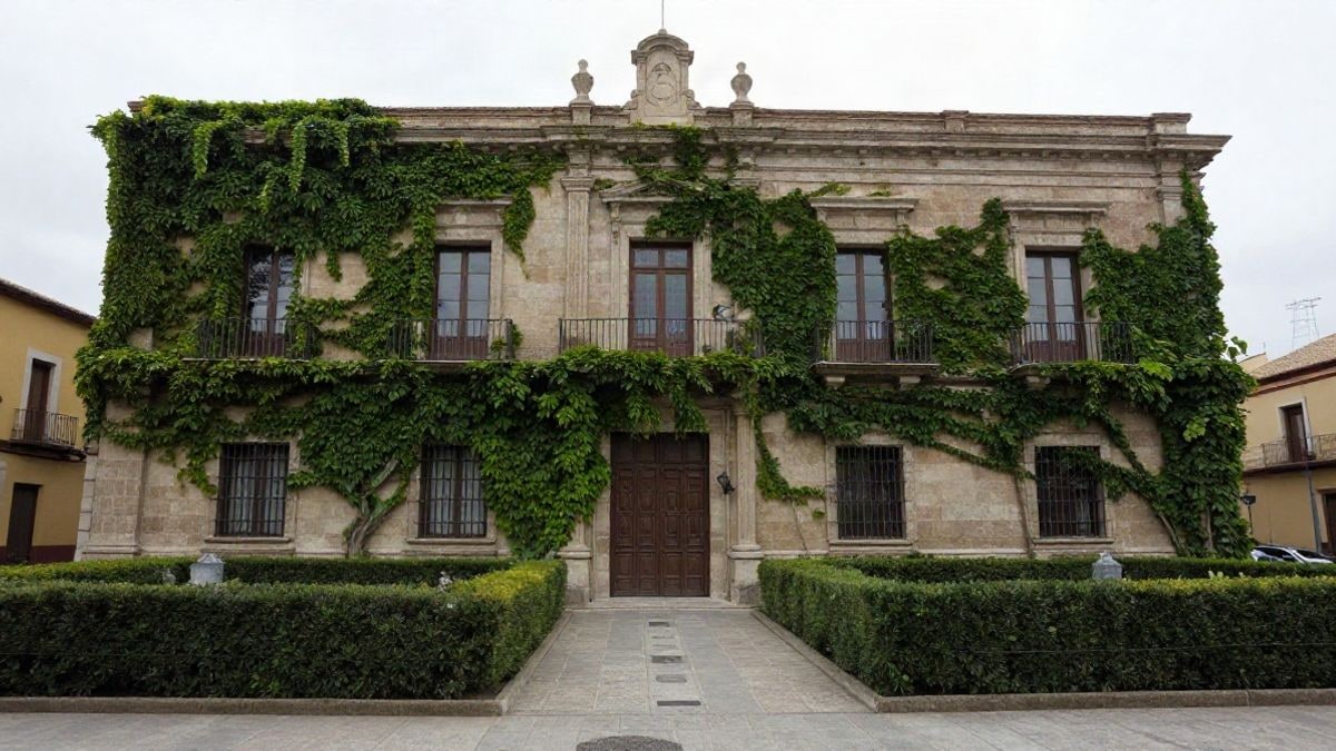 Imagen ilustrativa: fachada de un palacio histórico con jardines y setos recortados.